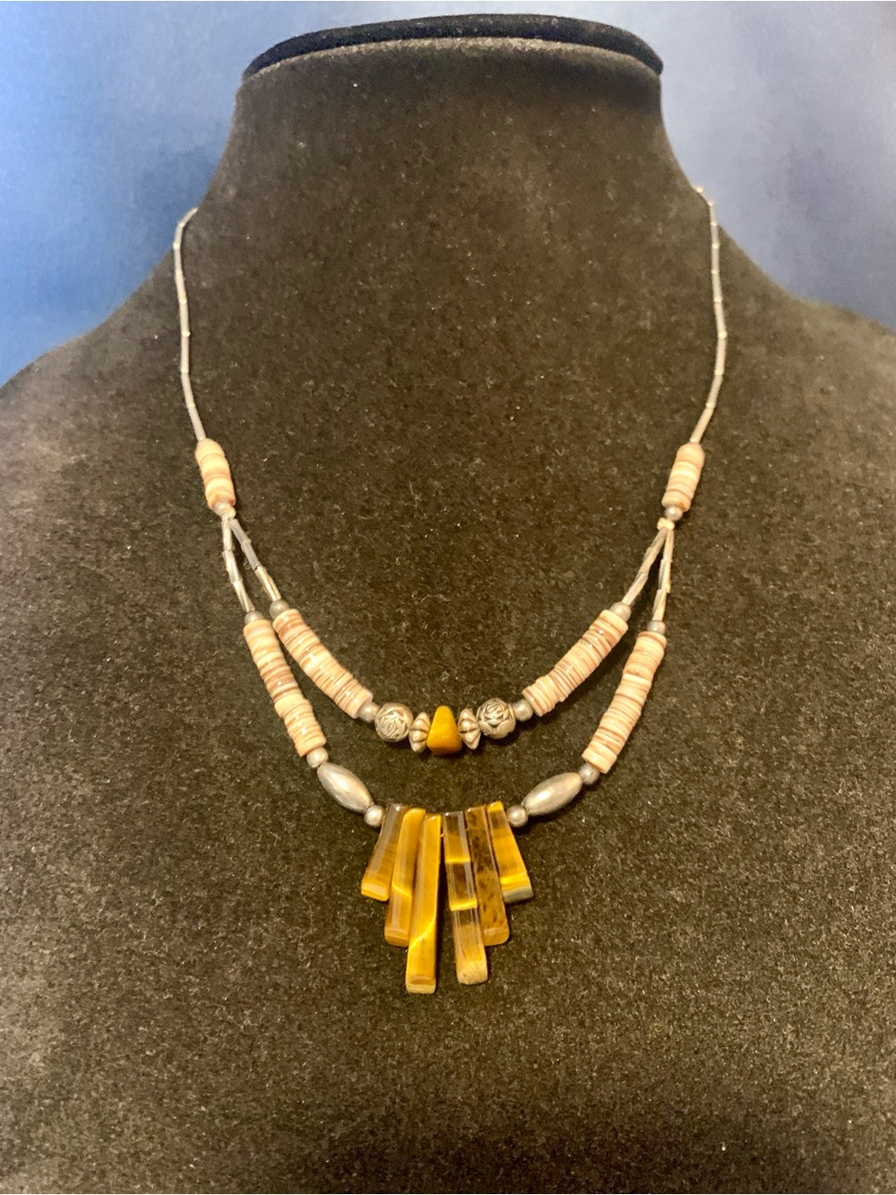 Layered Tigereye and Heishi Beaded Pendant Necklace